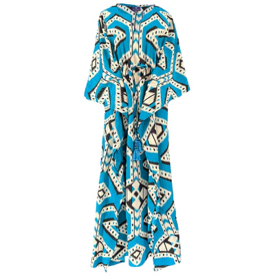 Bukhara Blue Ikat Maxi Kaftan Dress Italian Silk